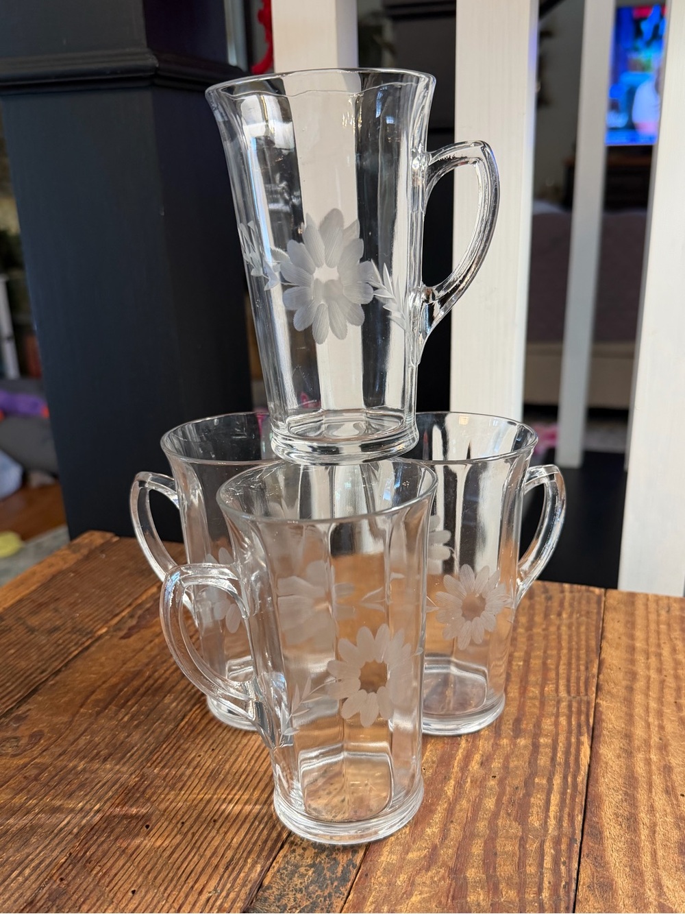 Vintage Clear Floral Etched Glass Mugs - Set of 4